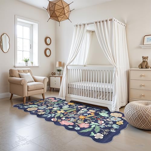 Washable 3x6 Hallway Runner Rug: Low-Pile Floral Scalloped Entryway Runners Non-Slip Stain Resistant Carpet for Kitchen Bathroom Laundry Room Soft Floor Mat for Living Room Bedroom Nursery(3x6/Purple)