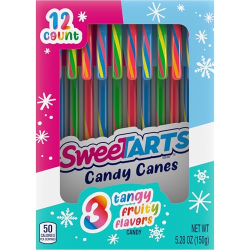 SweeTarts Holiday Candy Canes, 12ct Box - Individually Wrapped Holiday Classic, Perfect for Stocking Stuffers, Holiday Gifting and Decorating
