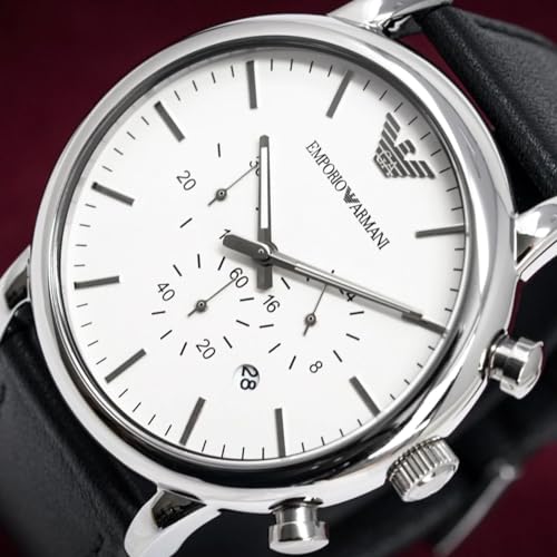 Emporio Armani Orologio Uomo, movimento cronografo al quarzo, cassa in acciaio inossidabile 46 mm con cinturino in pelle, AR1807, Bianco Sporco e Argento, 46 mm - Immagine 3