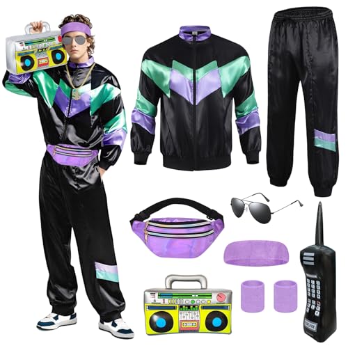 80er 90er Outfit Herren Damen mit Accessoires Trainingsanzug Kostüm mit Sportjacke Hose Hip-Hop Accessoires Aufblasbares Telefon und Lautsprecher Retro 80er 90er Hip Hop Outfit (Schwarz 2 L)