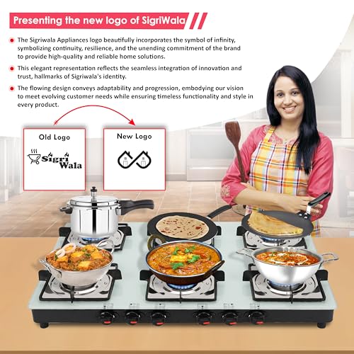 Image of Sigri-Wala 6 Burner Manual Gas Stove for Kitchen | Orchid White Toughened Glass Cooktop | LPG Compatible | High Efficiency Burners | ISI Certified