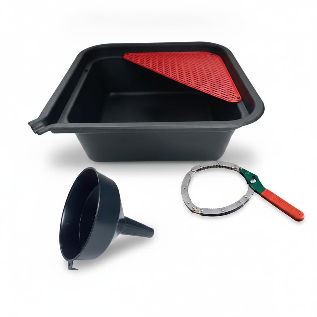 Vaschetta di Raccolta Olio Motore Litri con Imbuto, Realizzata in Polipropilene (PP), 35,5 X 35,5 X 12,5 Cm, Chiave Multifunzione, Cinghia