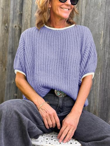Image of Saodimallsu Womens Puff Short Sleeve Sweater Tops Spring Summer Color Block Ribbed Knit Crew Neck Going Out Shirts
