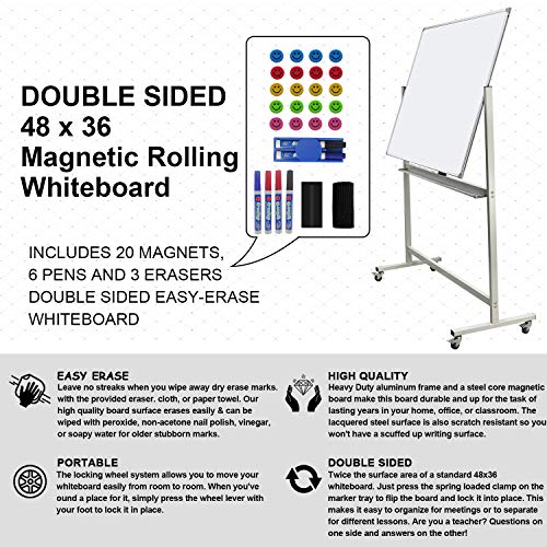 Image of Mobile Whiteboard on Wheels, 48 inchx36 inch Double-Sided Magnetic Dry Erase Board - Flipchart Easel for Office, Classroom & Home, Rolling Stand with Easy Flip Feature