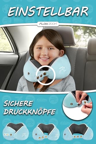 FLOWZOOM Nackenkissen für Kinder ab 6 Jahre - einstellbares Memory Foam Kinder-Nackenhörnchen mit weichem, atmungsaktivem & waschbarem Bezug - inkl. Tranportbeutel - Blau, Größe M (ab 6 J.)