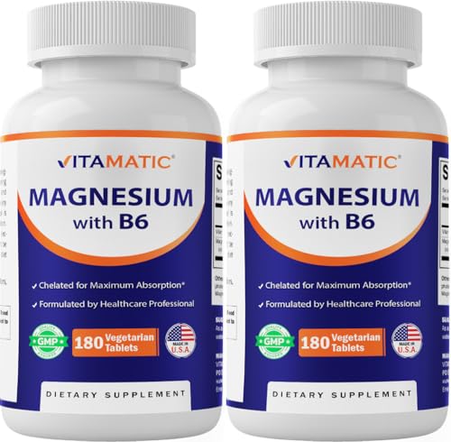 Vitamatic Magnesium with B6-180 Vegetarian Tablets (Uncoated) - Added B6 for Maximum Absorption - Supports Muscle Joint and Heart Health - 2 Pack