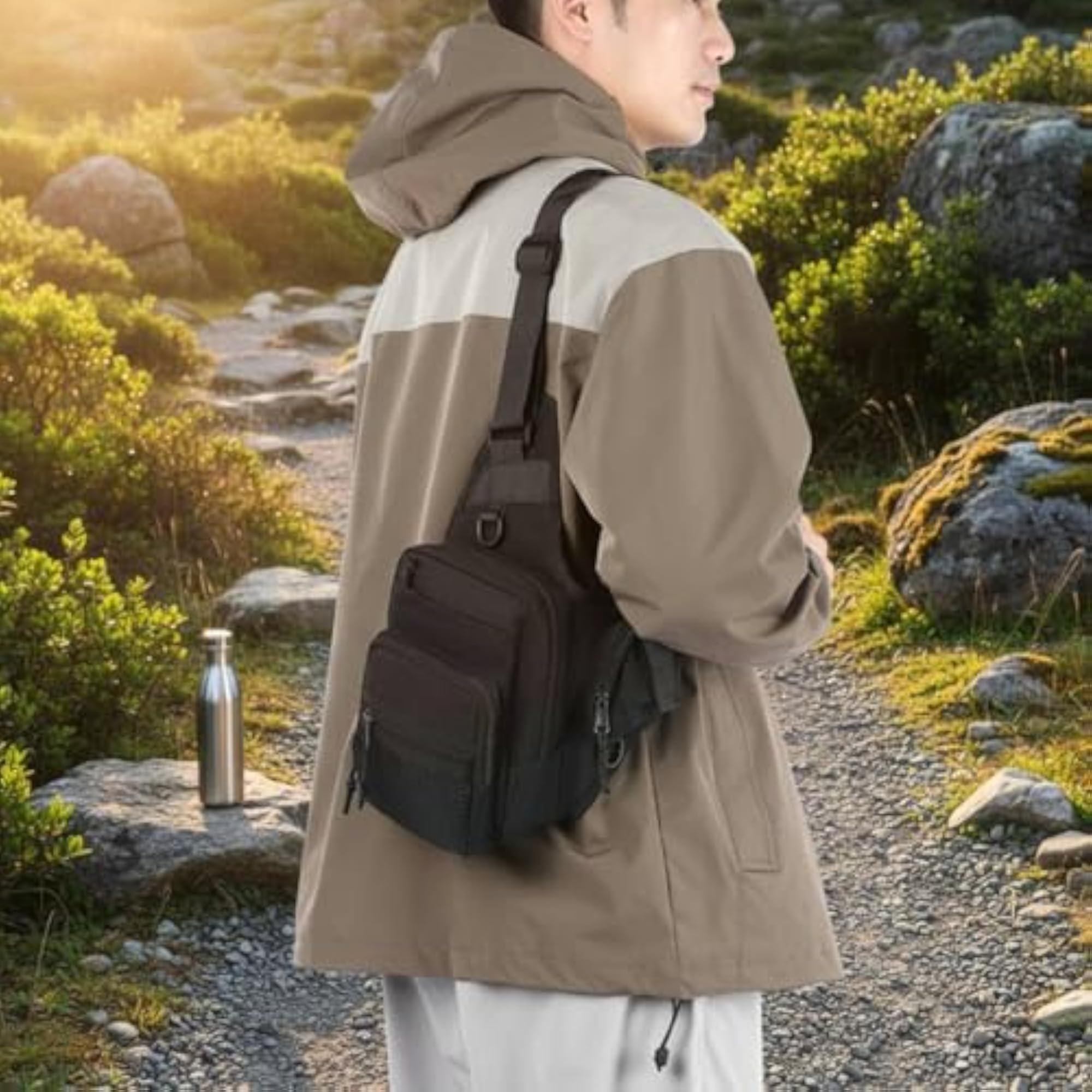 Vest-Design Chest Bag with Multiple Zippered Pockets, Practical Storage