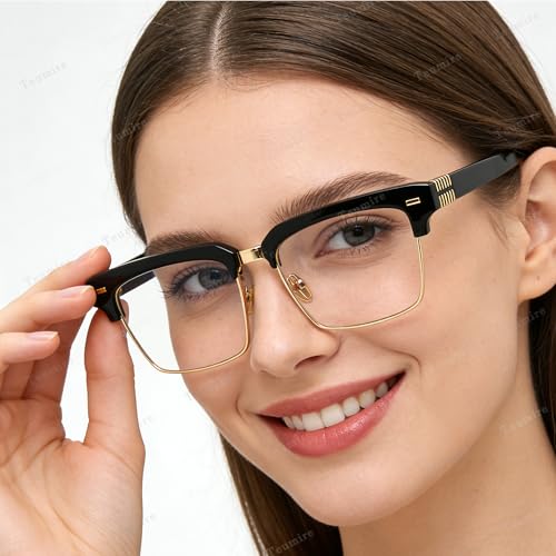 Image of Semi Rimless Rectangle Blue Light Glasses Men Women Black Square Eyewear