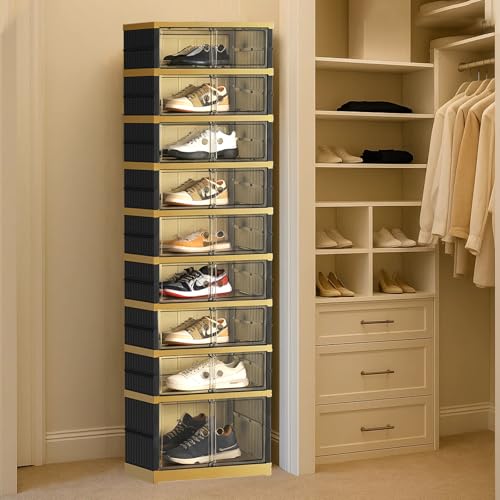 Image of SYNCVIBE Shoe Rack Organizer for Closet Entryway Foldable Sneaker Storage Shoe, Collapsible Shoe Cabinet, Stackable Shoe Storage Cabinet with Lids for Living Room (9 Tiers -18 Pairs Black Gold)