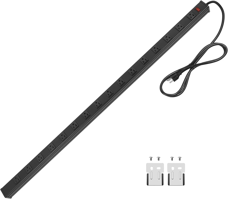 Long Heavy Duty Metal Power Strip, 16 Outlet Large Industrial Multi Wide Strip for Garage Workshop, Extension Cord with Multiple Outlets, 15A, 125V, 1875W. 6 FT, Black.