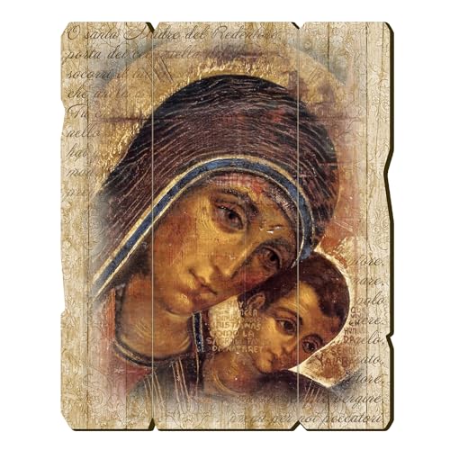 Fratelli Bonella | Quadro In Legno Sagomato Stile Vintage della Madonna col Bambino di Kiko f.to 28,5x35,5 cm | Made in Italy