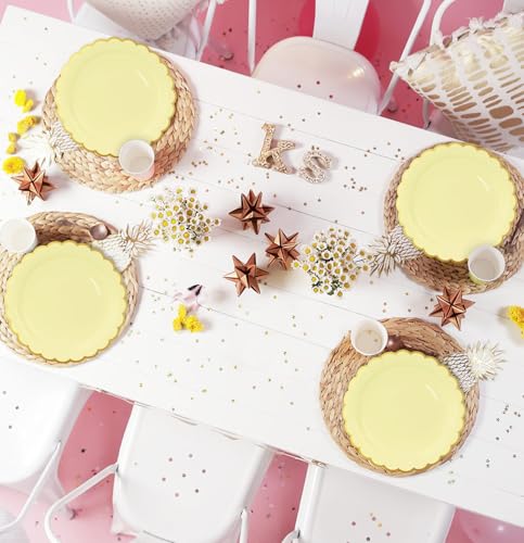 Image of HEIPINIUYE 50 Pieces Yellow Paper Plates with Gold Foil 9 Inch Disposable Yellow Scalloped Dinner Plates for Wedding Baby Shower Birthday Party