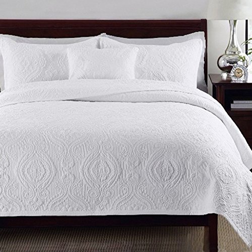 Luxury Quilted 100% Cotton Coverlet/Bedspread Set Embroidery Quilt King/Super King Size Bed 250x270cm Damask White