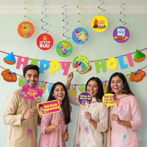 Image of Party Propz Holi Decoration Items for Home - 63 Pcs Holi Props for Decoration, Unique Banner and Swirls Set, Complete Party Decor Kit for Home, Office, Vibrant and Eye-catching Design (Cardstock)