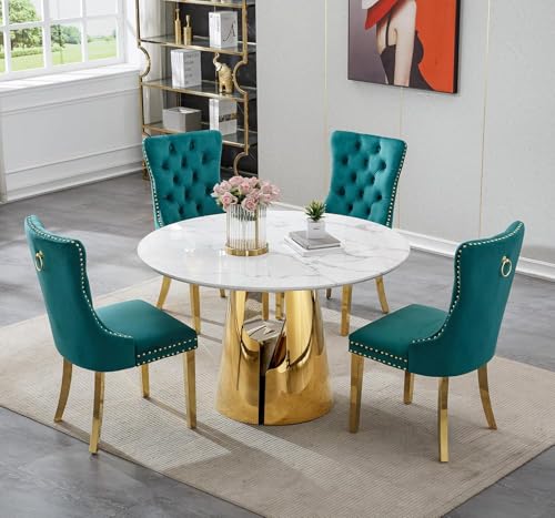 Image of 5-Piece Round Dining Table Set for 4, Modern Faux Marble Kitchen Table and Green Velvet Chairs Set of 4, Luxury 45 inch Circle White Gold Dining Room Tables with Stainless Steel Base