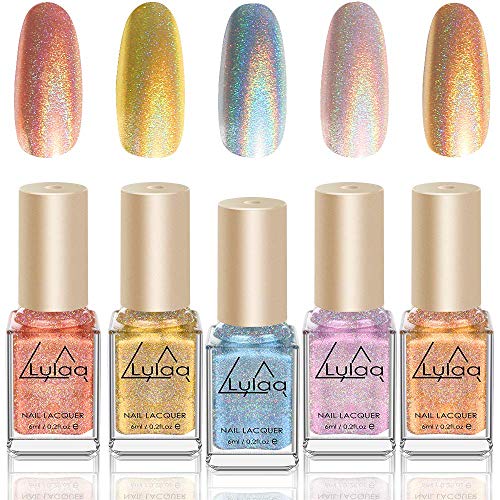 DR.MODE Holographic Nail Polish - 5 Bottles Unicorn Glitter Laser Nail Polish, Quicky Dry Summer Water Based Nail Polish Varnish Set