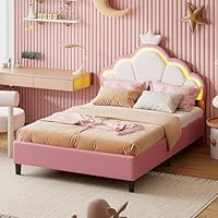 Ravas Children's Bed 140 x 200 cm, Girls' Bed with LED Lighting, Velvet Cot Bed, Upholstered Bed with Height-Adjustable Headboard in Crown Shape, Princess Bed, Pink, without Mattress