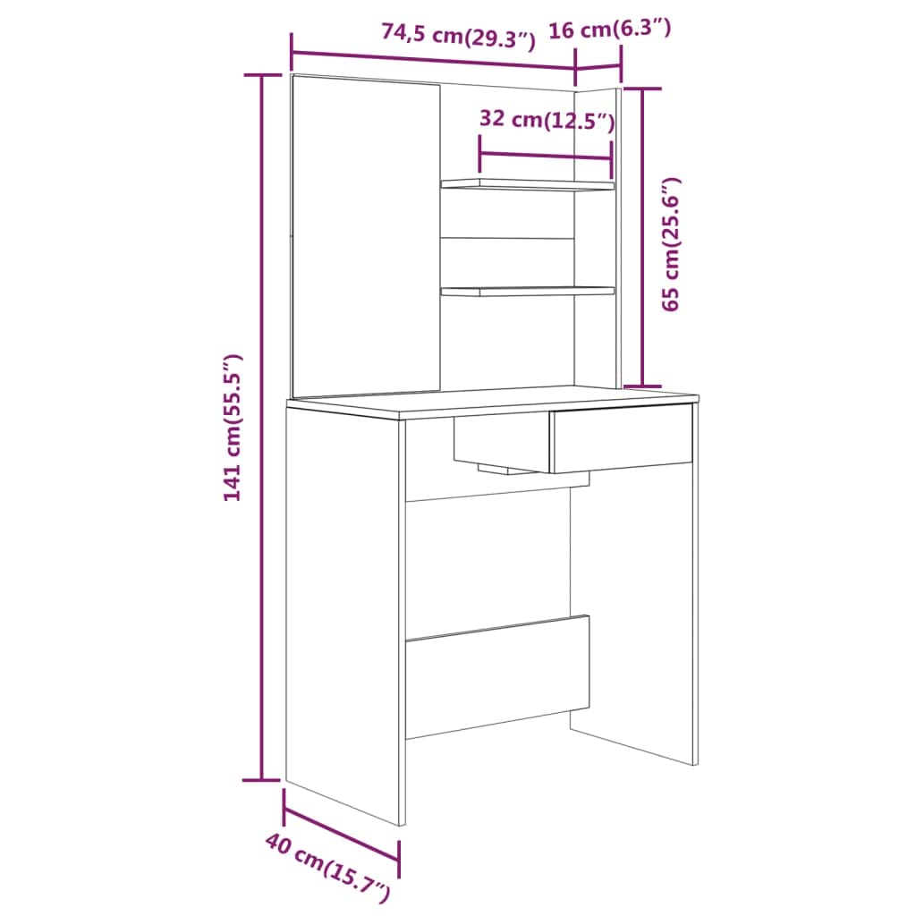 Mesa de tocador con espejo, amplio espacio de almacenaje, diseño moderno, negro, 74,5 x 40 x 141 cm, madera contrachapada, acrílico, para el cuidado personal diario