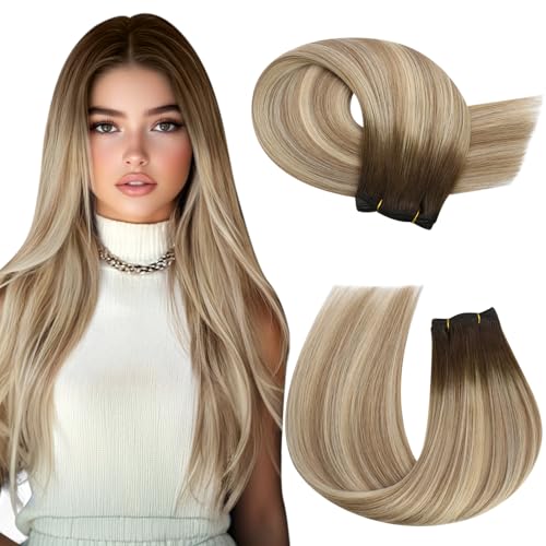 Image of Moresoo Real Human Hair Weft Extensions, Balayage Brown to Blonde, Straight | 24 Inch 100g, silky real human hair creates airy length, suited to destination weddings, travel and flowing styles
