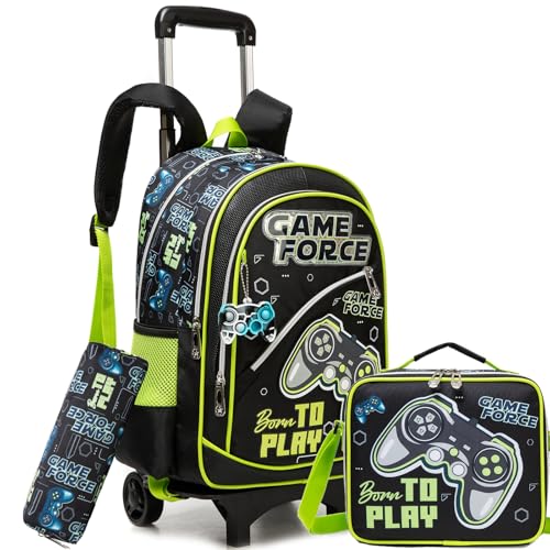 Oruiji Mochila com rodinhas para crianças de 8 a 12 anos para escola, Jogo verde preto