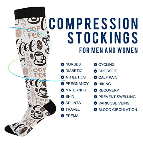 Wusikd Coffee Cup Compression Socks for Women and Men Circulation White Long Socks for Athletic Running 14