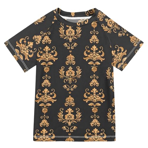 ALAZA Boys Rash Guard Swimming Shirt for Boys Short Sleeve Flower Indian UPF 50+ 5-6T