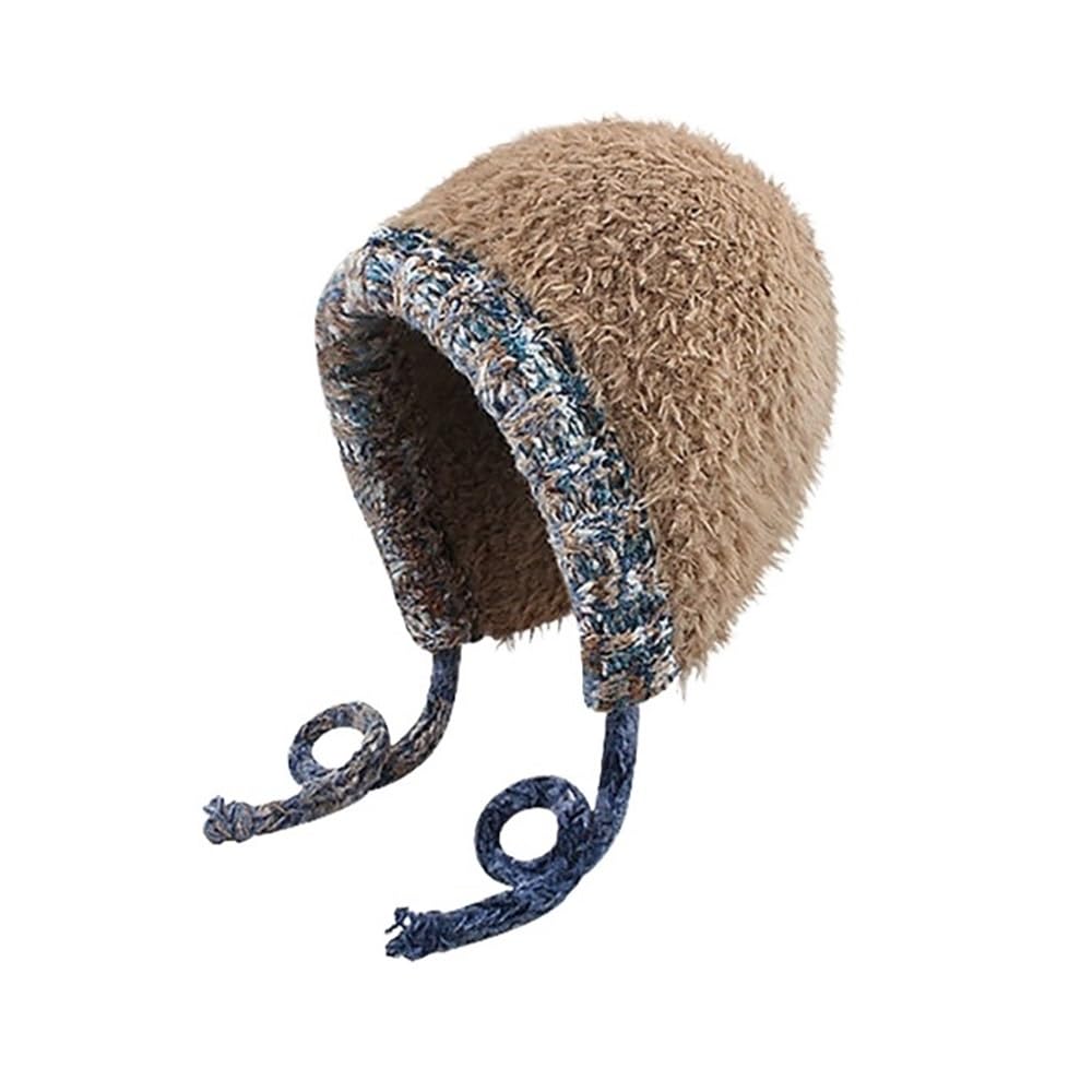 Bonnet en peluche style coréen doux tricoté et ultra confortable en kaki