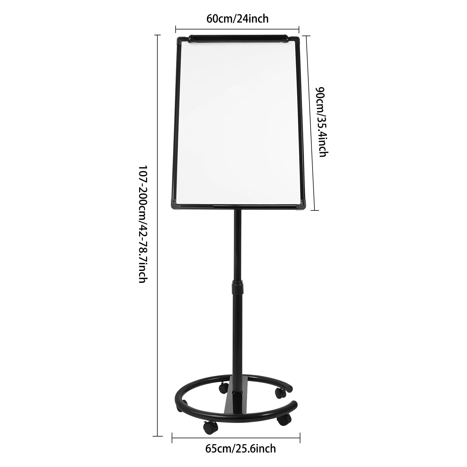 Höhenverstellbar Mobiles Whiteboard Einseitige Magnetisches Whiteboard mit Ständer 90x60cm Tragbares Staffelei Flipchart Ständer Rollendes Trockenlöschbrett mit 5 Universalräder (Schwarz)