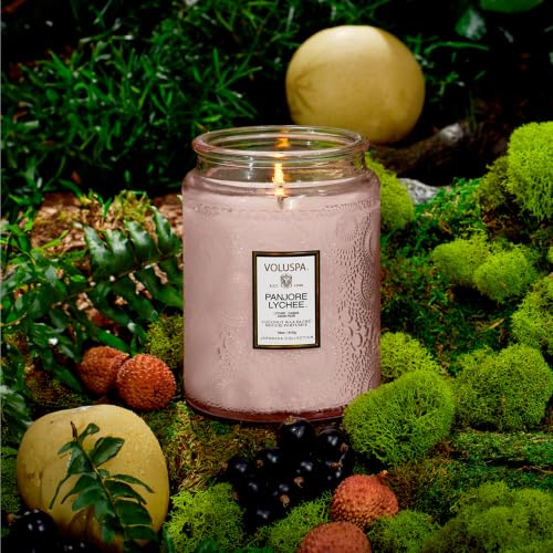 Image of Voluspa Panjore Lychee, Large Candle Jar, 18 oz, 100 Hour Burn Time, Coconut Wax for Clean Burning, Handcrafted in the USA