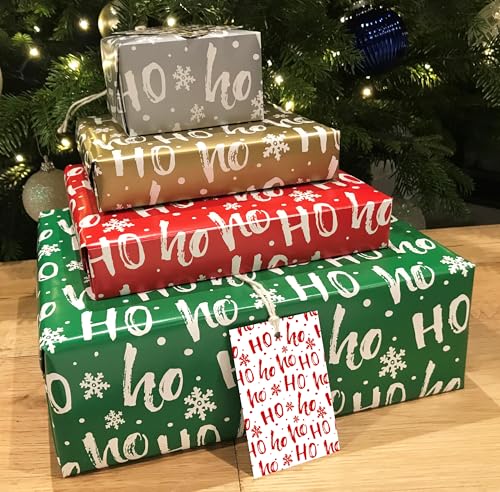 Christmas Wrapping Paper. 8 XL Sheets (50 x 70cm). HoHoHo Design in 4 Colours Including Metallic Silver and Gold. Gift Wrap Pack with Matching Tags. Cutting Grid on Reverse.