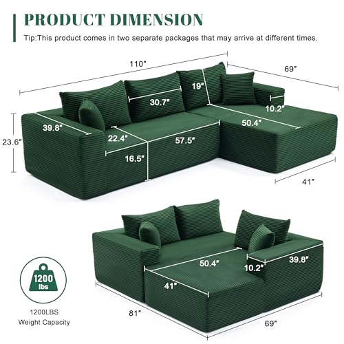 110” Cloud Sectional Couch, Boneless Sofa for Living Room, Modular Sectional Sofa with Deep Seat, Comfy Fluffy Couch with L-Shaped Chaise, No Assembly Required (Right-Facing Chaise, Green)