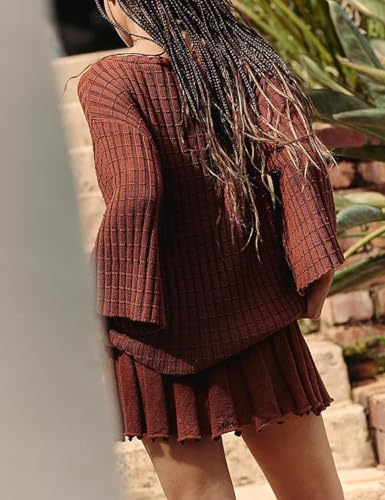 Image of Sweater Set Two Piece Skirt Sets for Women Long Sleeve Two Piece Outfits Loose Knit Pullover Mini Skirt