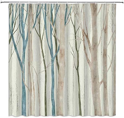 Tree Shower Curtain Birch Forest Abstract Watercolor Rustic Outdoor Theme Farmhouse Trees Branch Winter Nature Blue Brown Fabric Bath Curtains Bathroom Polyester with Hooks 70x70Inch