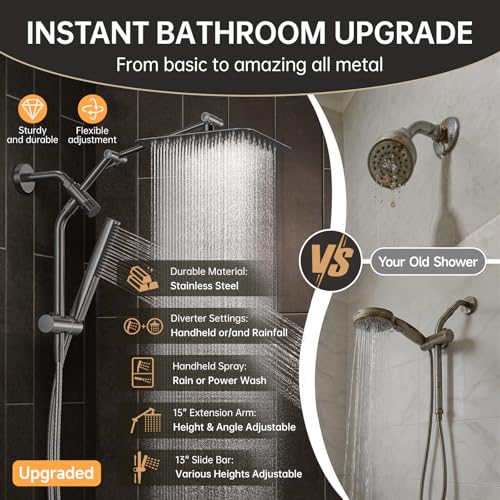 Image of Veken All Metal 10 inch Shower Head with Handheld, Luxurious Square Double Rain Shower Heads with Spray Combo, Dual High Pressure Detachable Rainfall Showerhead with Extension Arm, Long Hose,Gunmetal Gray