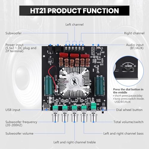 Image of ZK-HT21 Bluetooth Amplifier Board 160Wx2+220W Subwoofer 2.1 Channel Audio Amplifier Bluetooth Module with Treble and Bass Control,AUX /Bluetooth /USB Inputs for Passive Speakers | Audio Amplifier Bluetooth Module with Treble and Bass Control,AUX /Bluetooth /USB Inputs for Passive Speakers