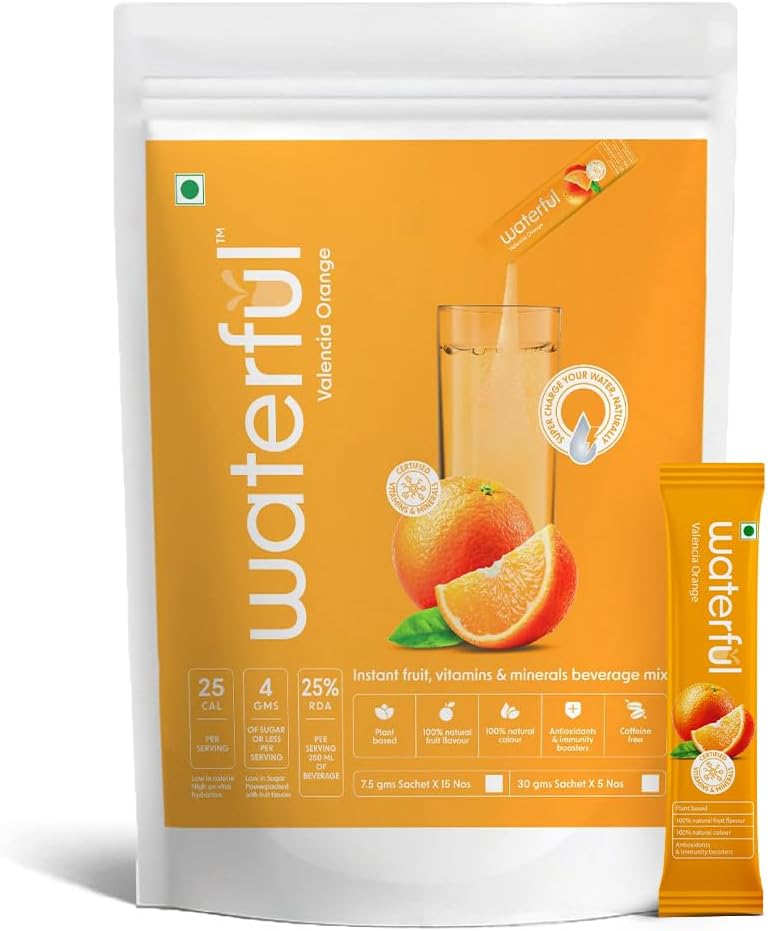 Waterful Valencia Orange (30 gms X 5 sachets) 100% Natural, Real Fruit Flavor, 10+ Vitamins & Minerals, Low Cal Hydration Powder Mix (Pack of 1)