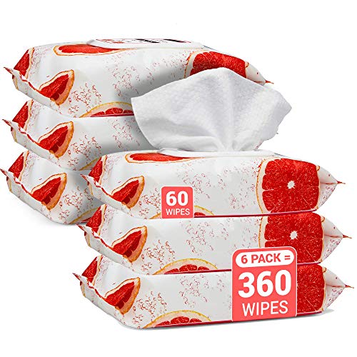 Herb & Luxe Face Wipes, Flip-Top Makeup Remover Facial Cleansing Wipes with Aloe Vera for Sensitive, Oily, dry Skin, Face/Hands/Body, Women/Men, 60 Count, Grape Fruit (Pack of 6 = 360 Wipes)