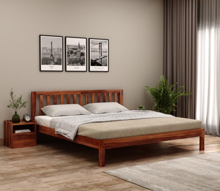 Image of SUNCOM Solid Sheesham Wood King Size Bed Without Storage for Bedroom - Wooden King Size Cot Bed for Home - Handcrafted Furniture Platform Double Bed (Natural Finish)