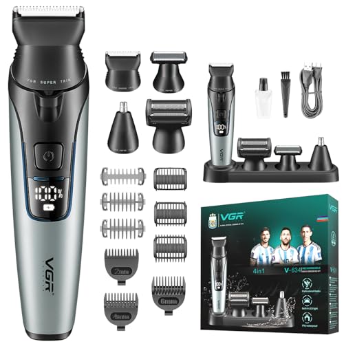 Image of VGR V-634 Professional 4-in-1 Grooming Kit for Men, 90 Min Runtime, Ceramic Precision Blades, IPX7 Washable, USB Type-C Fast Charging, 9 Guide Combs (2 /4 /6mm Hair & Body, 3 /5 /7mm Shaver) (Grey)
