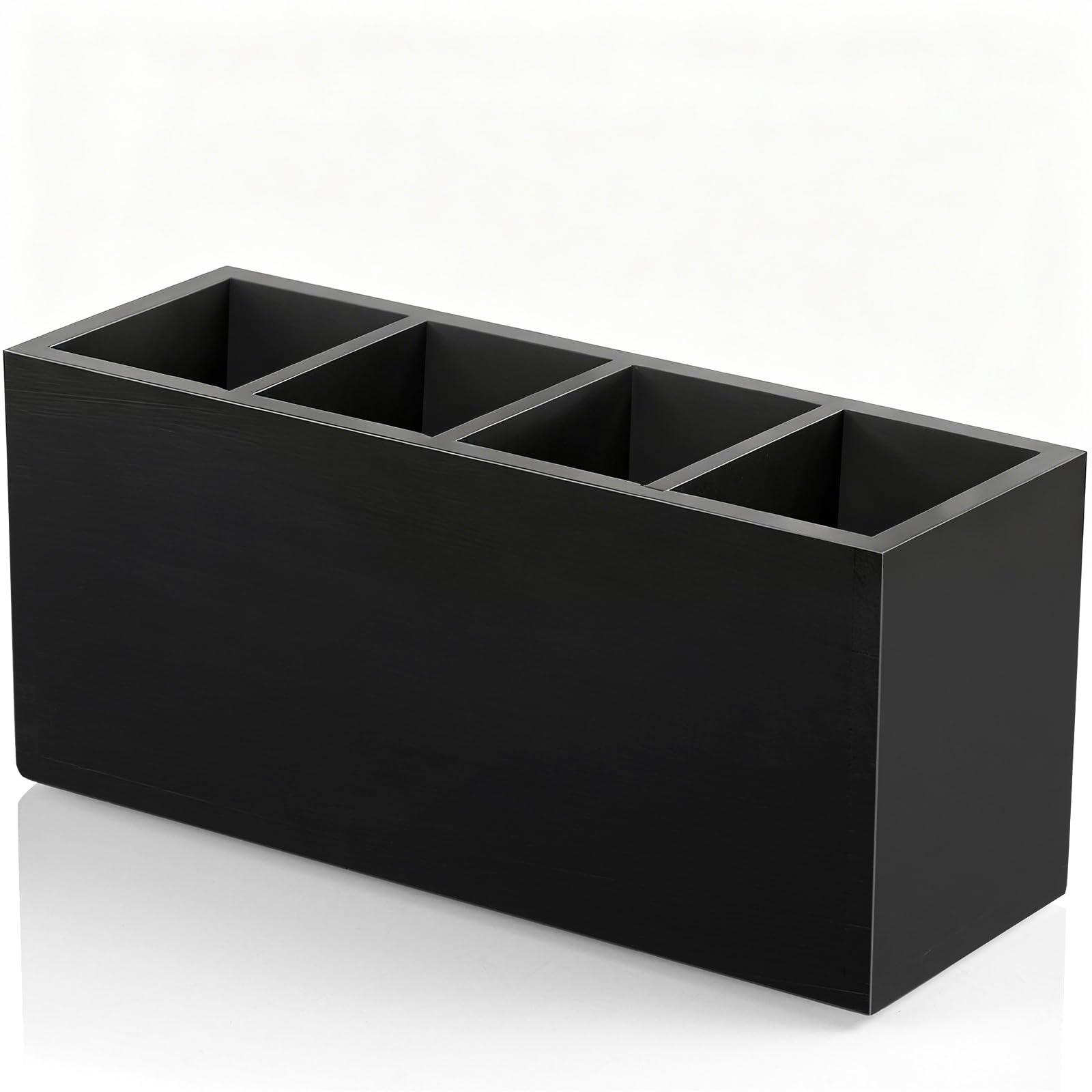 Bivvclaz Pencil Pen Holder for Desk, Wooden Office Desk Organizers and Accessories with 4 Slots for Countertop, Makeup Brush Holder Organizer for Bathroom Vanity, Silverware Caddy for Party, Black