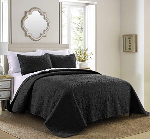 Pure Bedding Quilt Set King/Cal King/California King Size Black - Oversized Bedspread