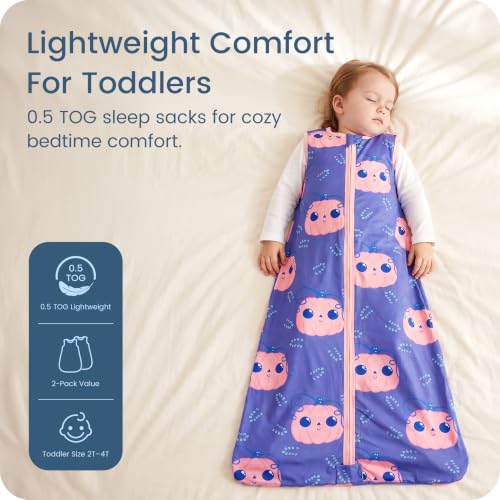 Image of Toddler Sleep Sacks 2T-3T-4T, 0.5 TOG Light Summer Wearable Blankets, Extra Long XL Sleeping Bags, 2 Pack