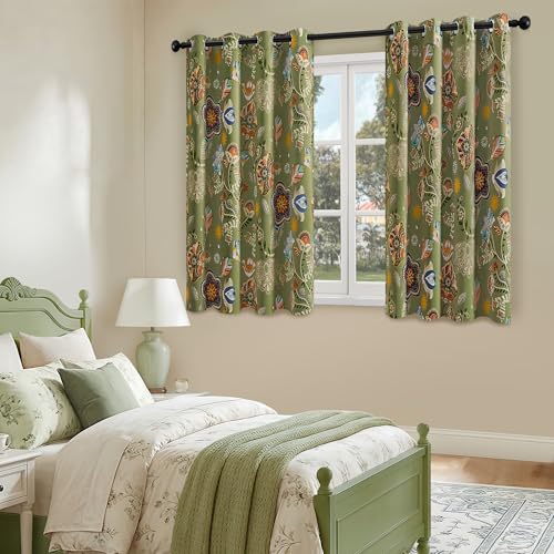 Image of XiDi Sage Green Boho Blackout Floral Curtains 63 inches Long 2 Panels