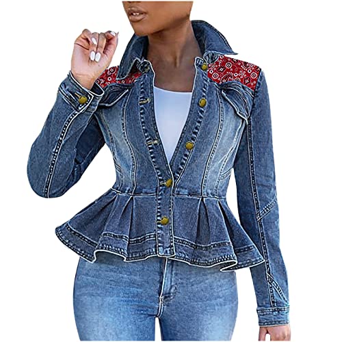 Hatoys Womens Jackets Cropped Denim Jacket Paisley Print Shoulder Pleated Hem Cuffed Cropped Shirt Jacket Casual Blouse