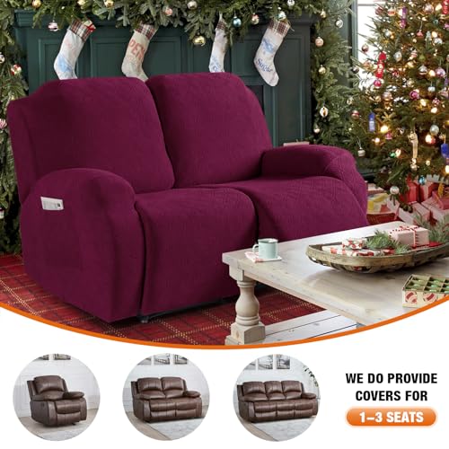 Image of VANSOFY Recliner Cover, 2-Pieces Stretch Reclining Couch Cover with Pockets Loveseat Sofa Slipcovers Soft Washable Furniture Protector for Dogs Cats(Burgundy)
