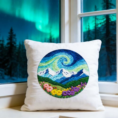 Image of BEUNITONE 6 Pack Hand Embroidery Starter Kit for Adults with Pre-Print Scenery Pattern, Needlepoint Kits with Embroidery Hoop and Instructions, DIY Funny Craft Kits for Gifts and Home Decor