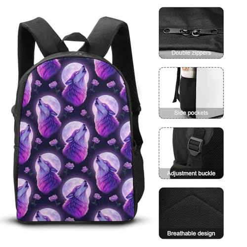 3 Pcs Backpack Set Travel Backpack Casual 17 Inch Daypack Purple Moon Wolf College Bookbag with Insulated Lunch Bag and Pencil Pouch3