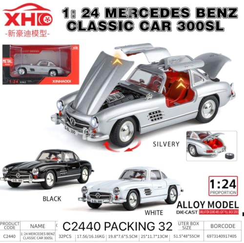 Image of Alokik Enterprise 1:24 Black Marcedes Benz Vintage 300SL Diecast Metal Pull Back Car with 6 Openable Doors with Sound and Light Toy Decoration car Best Gift Toys for Kids 【Black】