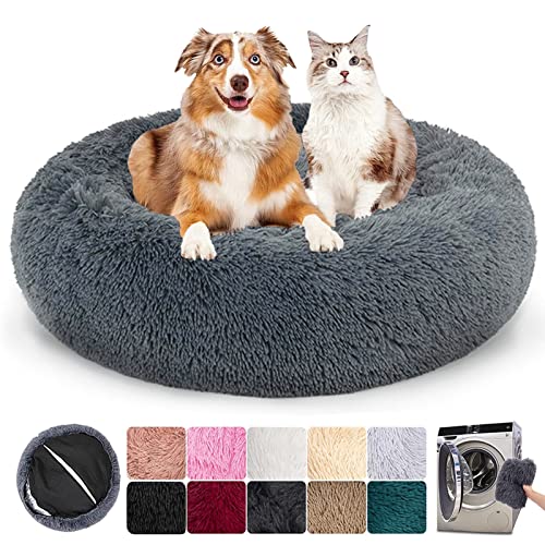 Puppy Love Panier Chien Orthopedique, Coussin Chien Anti Stress Dehoussable et Lavable, lit Apaisant Comfy pour Chien Chat, Donut Grand Et Très Grand Corbeille Grand Chien (M:60cm,Gris Foncé)