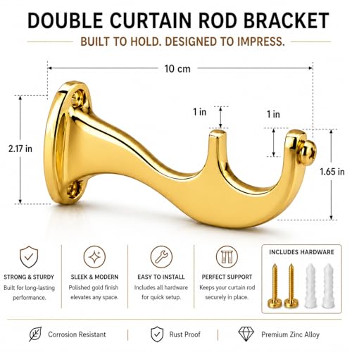 Image of Elite Aluminum Curtain Rod Brackets - Heavy-Duty Wall Mount Clamps for Curtain Rod Support for Door and Window Curtain Rods with Screw and Wall Plug - Pack of 2PCS (Royal Gold)